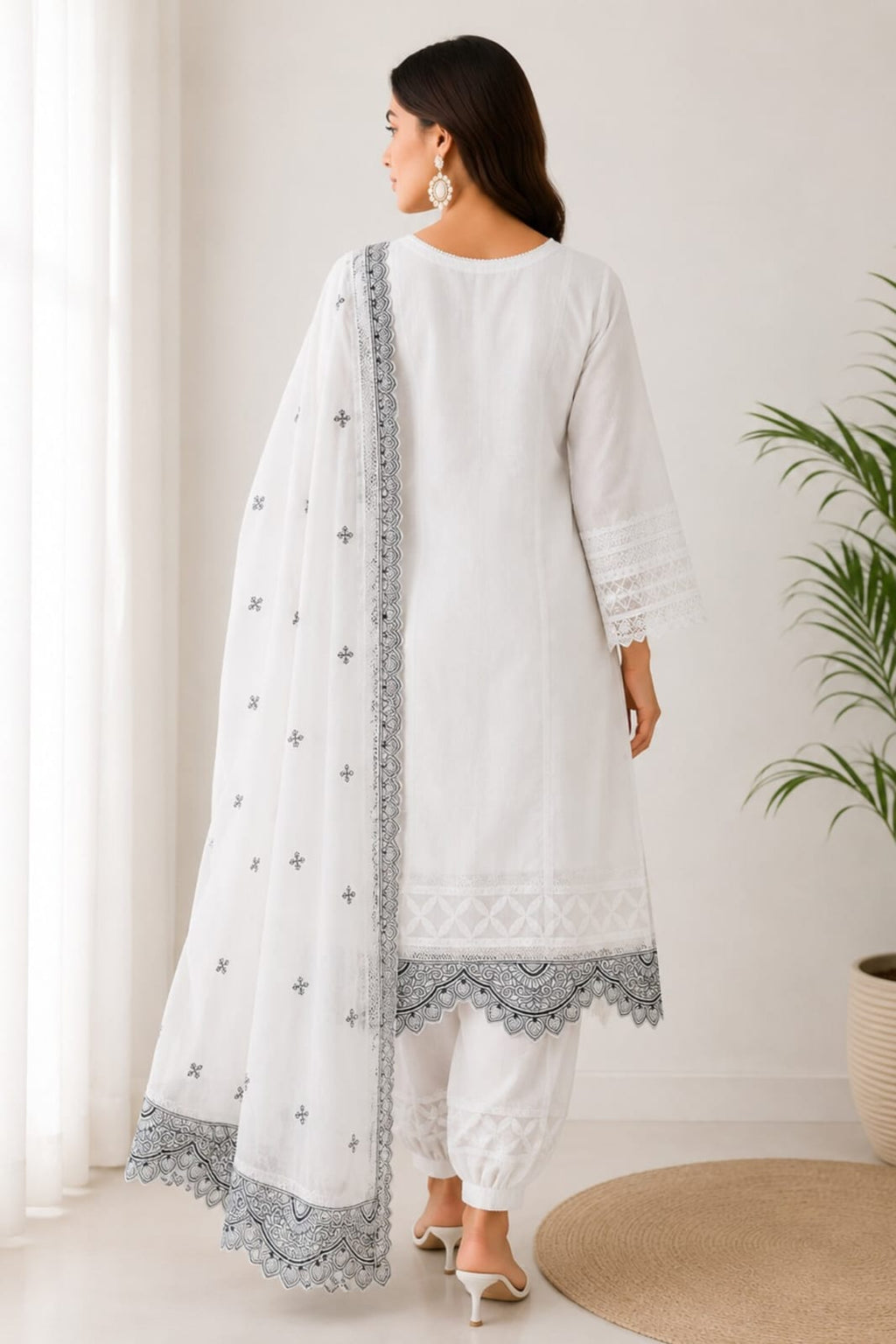 Women’s Embroidered Kurta Set with Trousers & Dupatta.