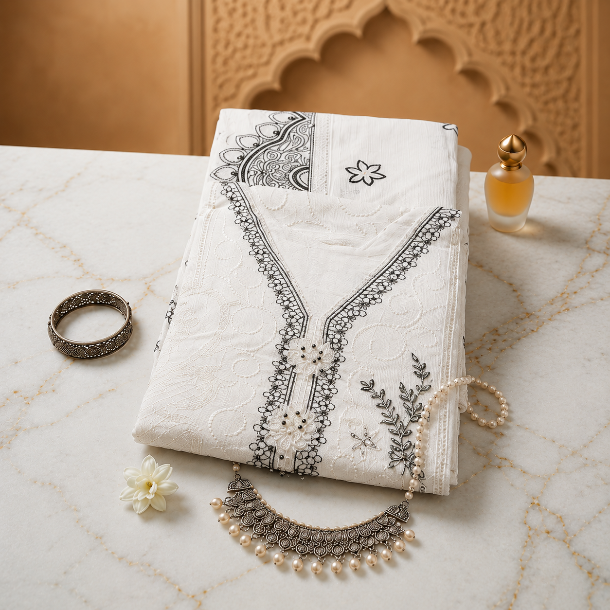 Women’s Embroidered Kurta Set with Trousers & Dupatta.