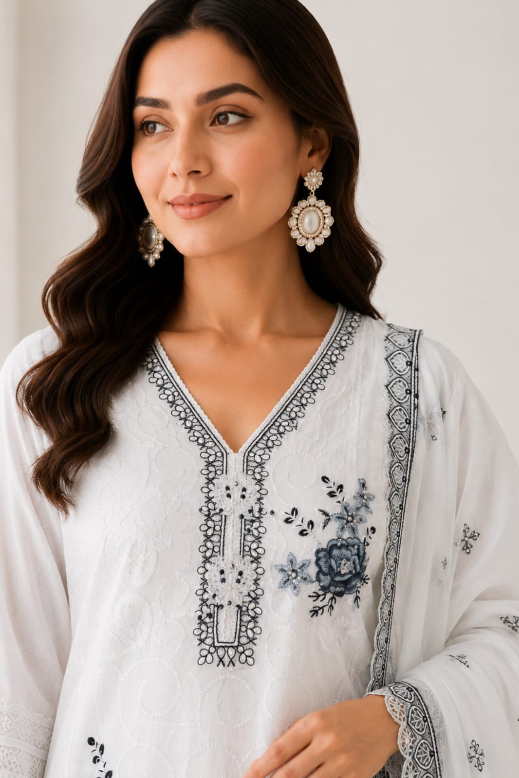 Women’s Embroidered Kurta Set with Trousers & Dupatta.