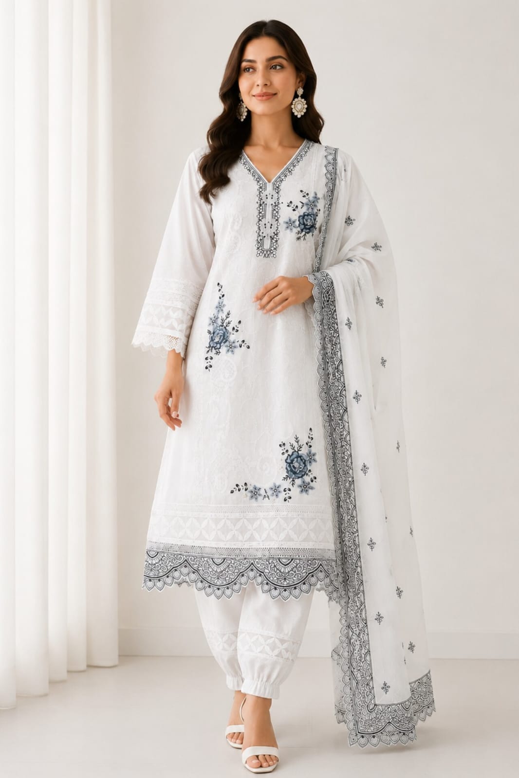 Women’s Embroidered Kurta Set with Trousers & Dupatta.