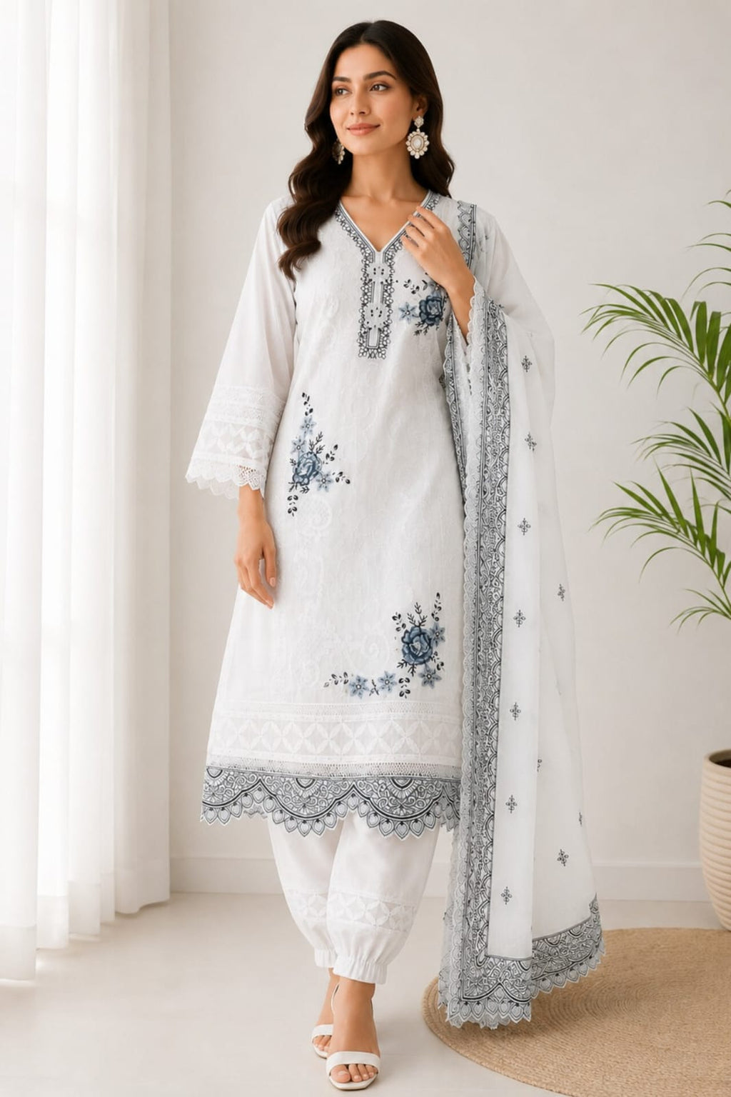 Women’s Embroidered Kurta Set with Trousers & Dupatta.
